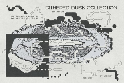 Dithered Dusk Collection cover showing 166 retro pixel assets in SVG, AI, EPS, PDF, JPG, PNG formats