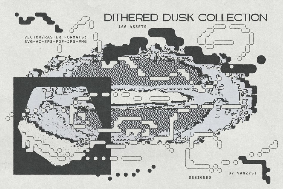 Dithered Dusk Collection cover showing 166 retro pixel assets in SVG, AI, EPS, PDF, JPG, PNG formats