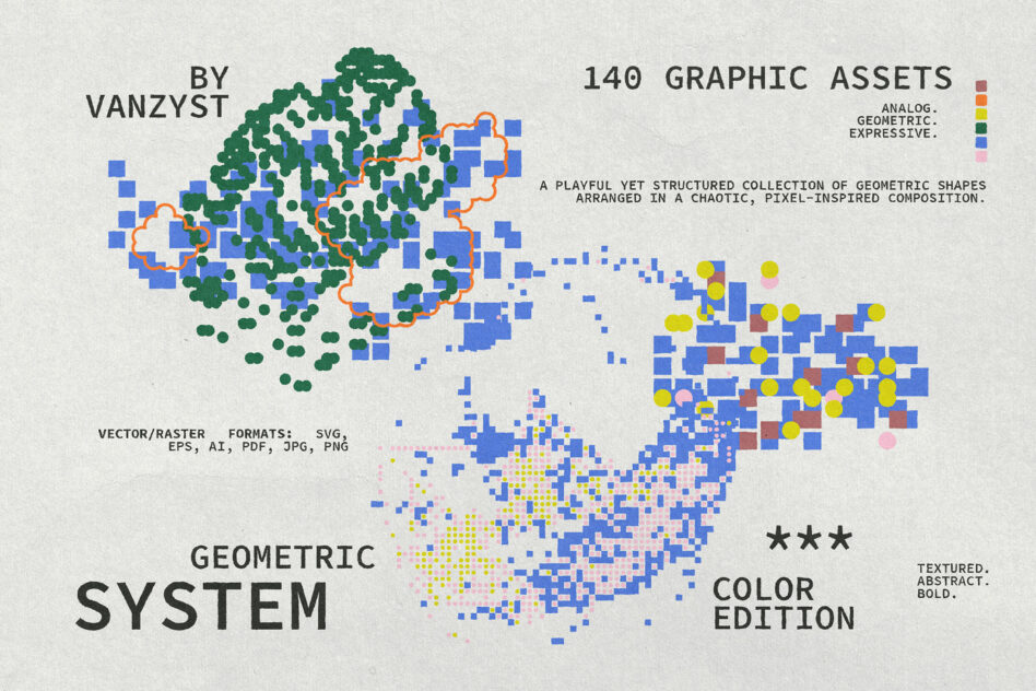 Pixelated map-like composition with green clusters, blue squares, yellow dots, pink accents on white