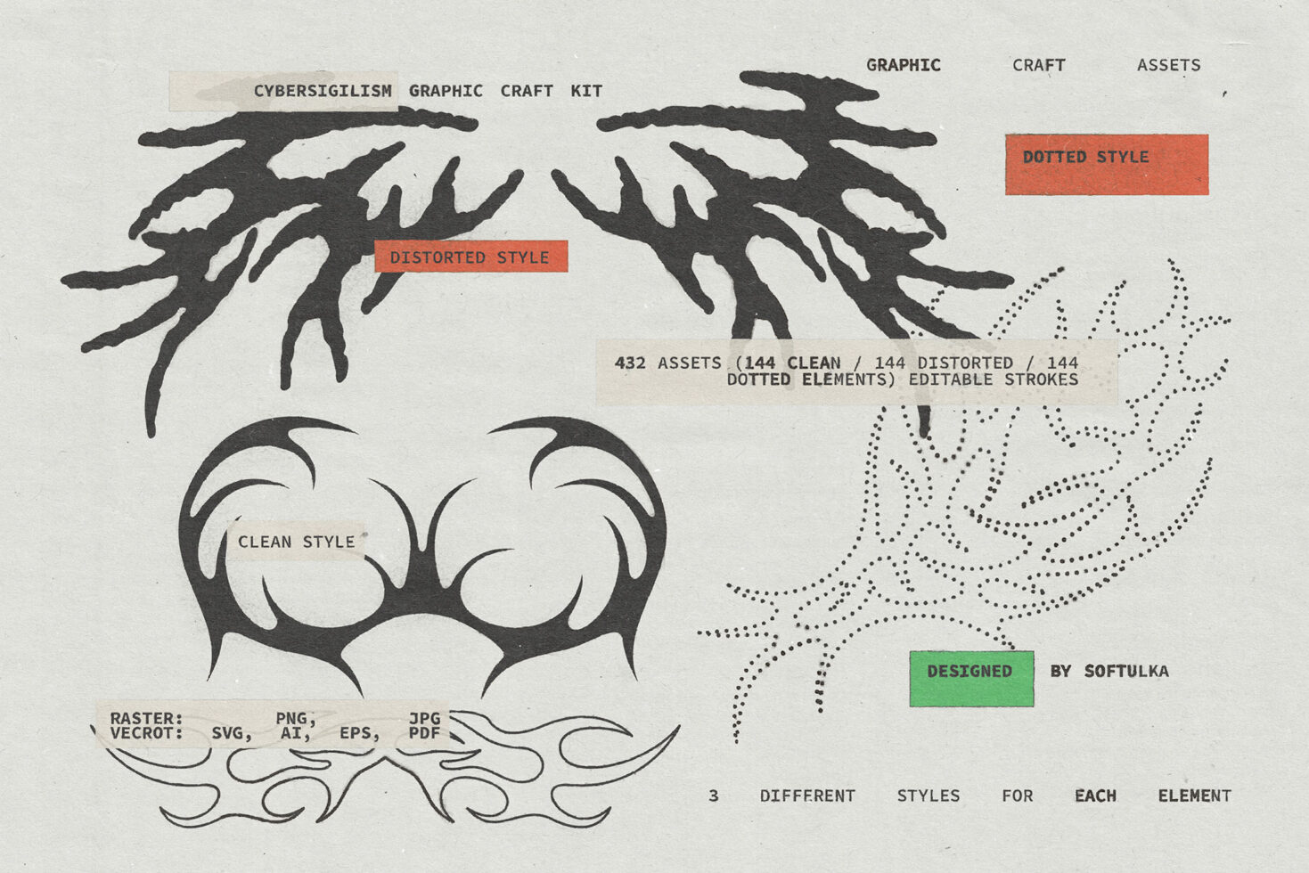 Cyber craft kit showing spiked organic forms in three render versions clean, distorted, dotted with 432 total assets