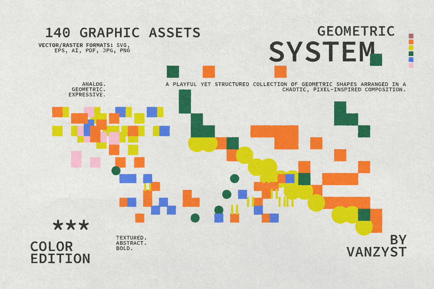 Bold geometric shapes including rectangles, circles, triangles in vibrant orange, yellow, green scattered layout