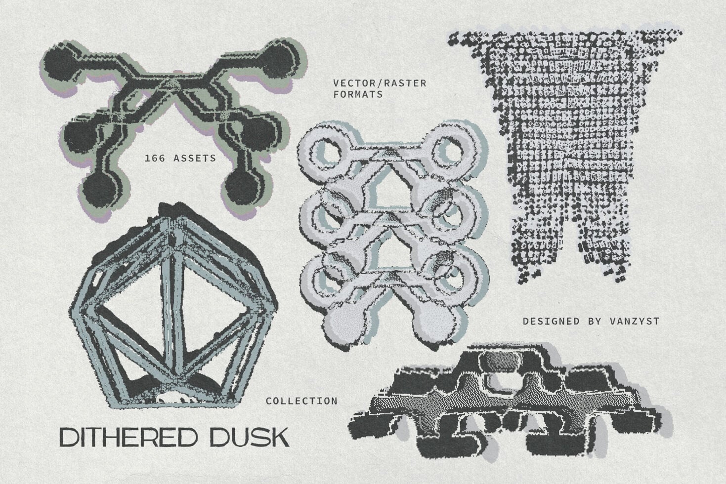 Dithered Dusk collection showing 166 geometric assets with pixelated textures in vector raster formats