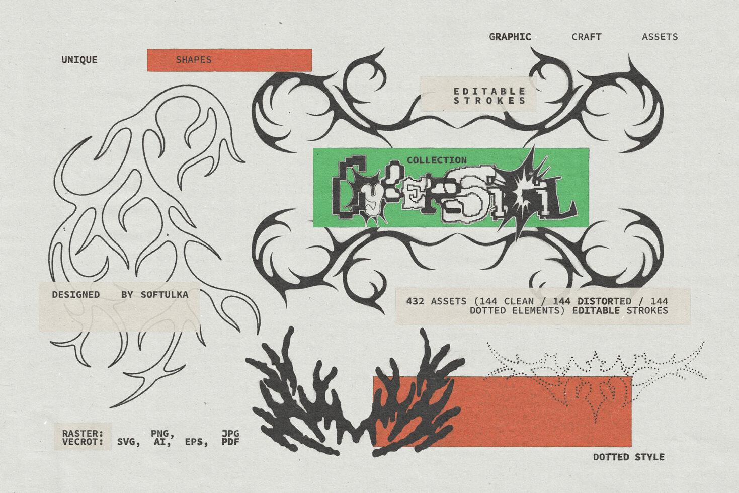 Cybersigilism graphic craft kit with 432 editable organic shape elements in clean, distorted, dotted styles by Softulka