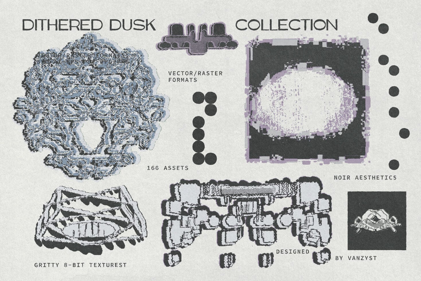 Dithered Dusk Collection showing 166 gritty 8-bit assets with pixelated textures, noir vibes