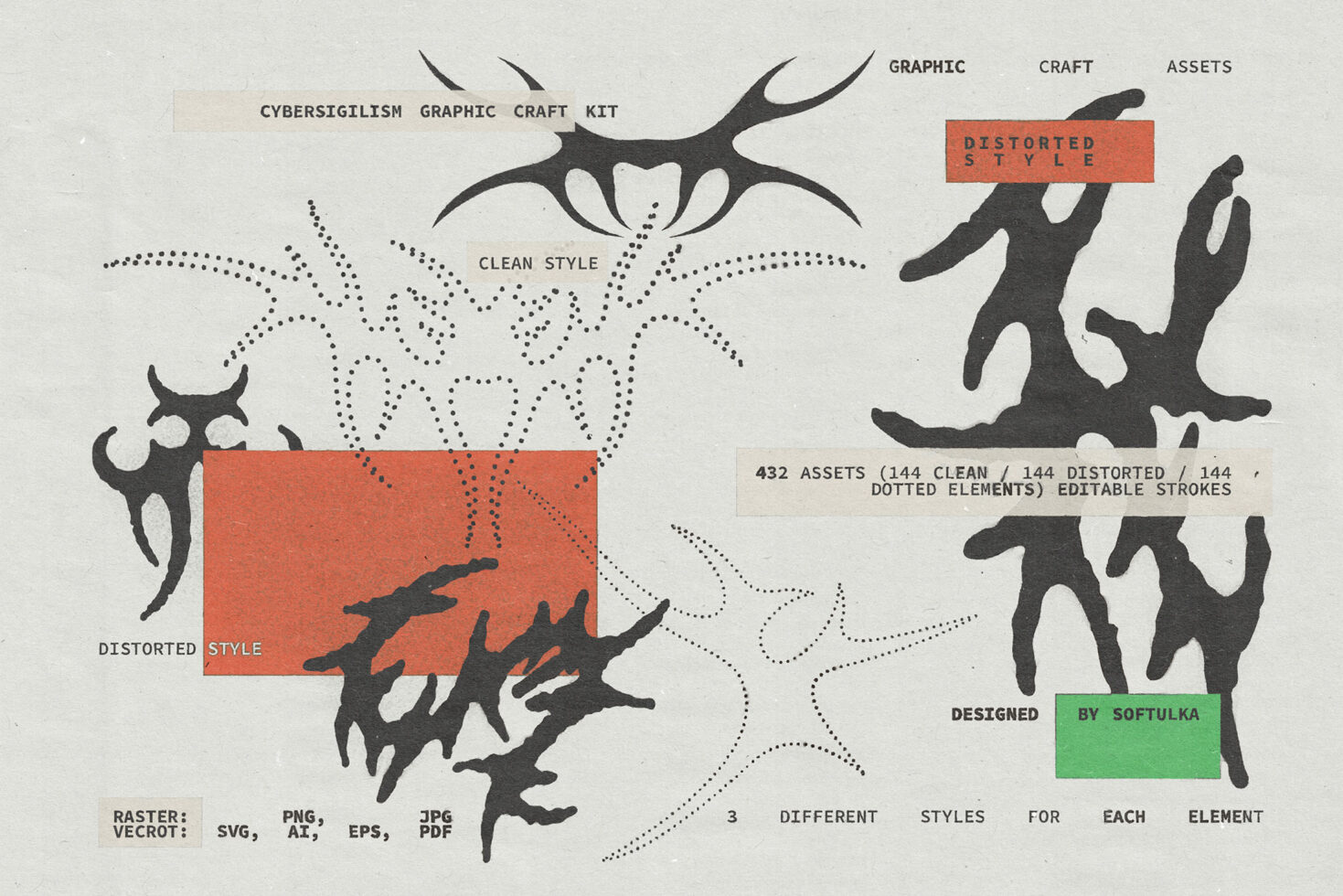 Cybersilism graphic craft kit clean distorted tribal shapes editable strokes 432 assets