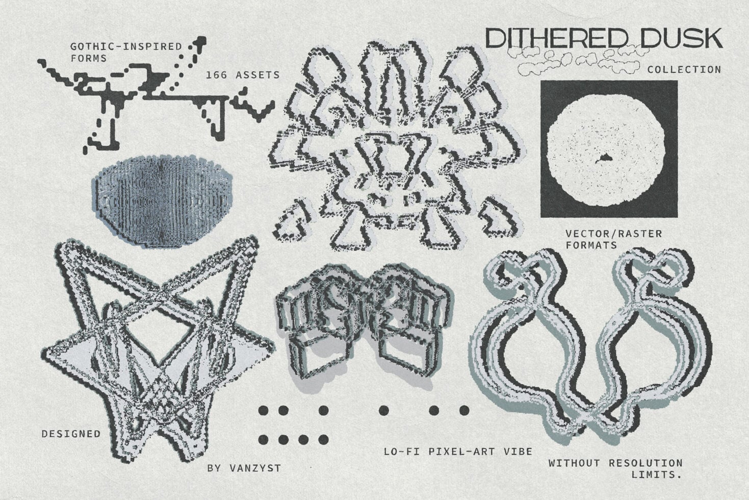 Dithered Dusk collection showing 166 gothic pixel-art assets with textured shapes, vector formats included