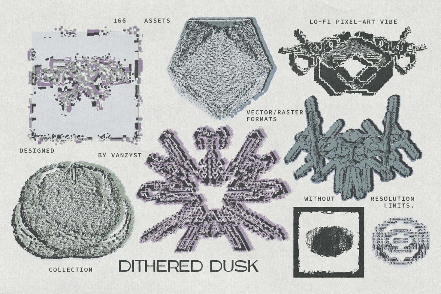 Dithered Dusk collection showcasing 166 gritty pixel assets in vector plus raster formats by Vanzyst