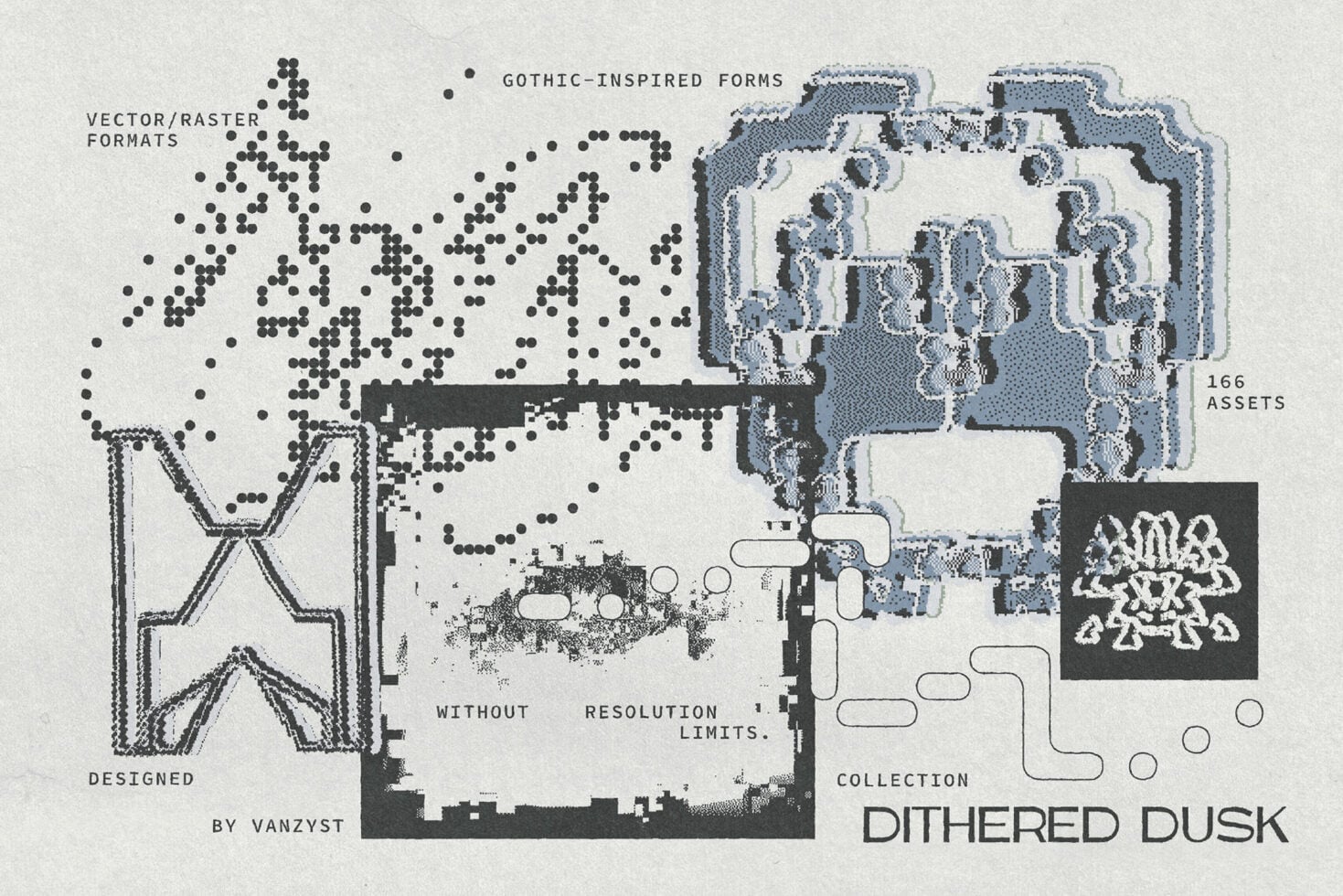 Dithered Dusk collection showing 166 gothic-inspired vector assets with pixelated textures by Vanzyst