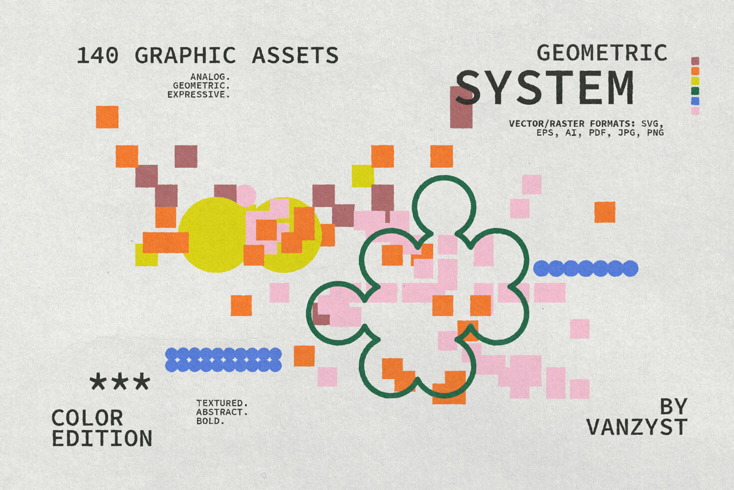 140 abstract geometric shapes asset collection with vibrant color palette