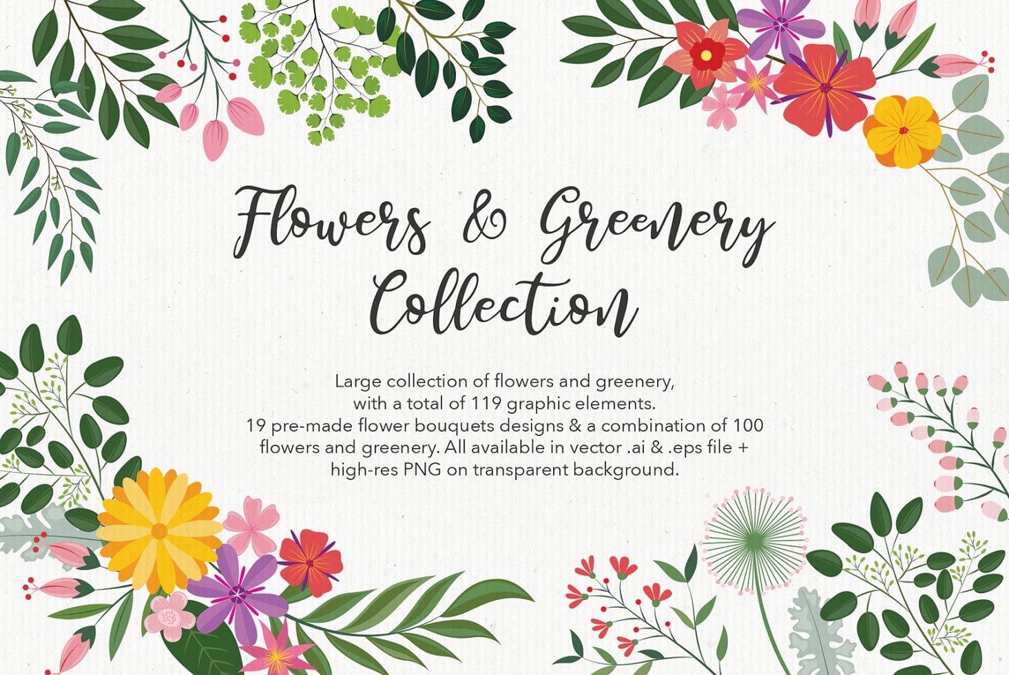 Collection cover page showing 119 flower elements, 19 bouquets, 100 individual flowers