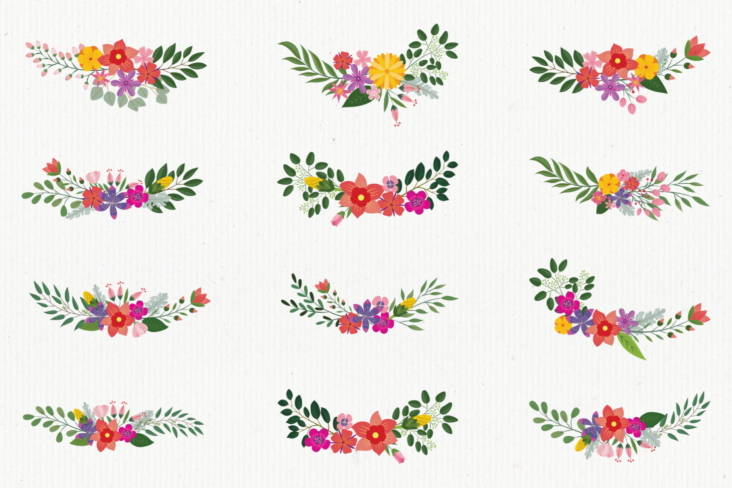 12 colorful horizontal flower bouquet arrangements with leaves in various styles