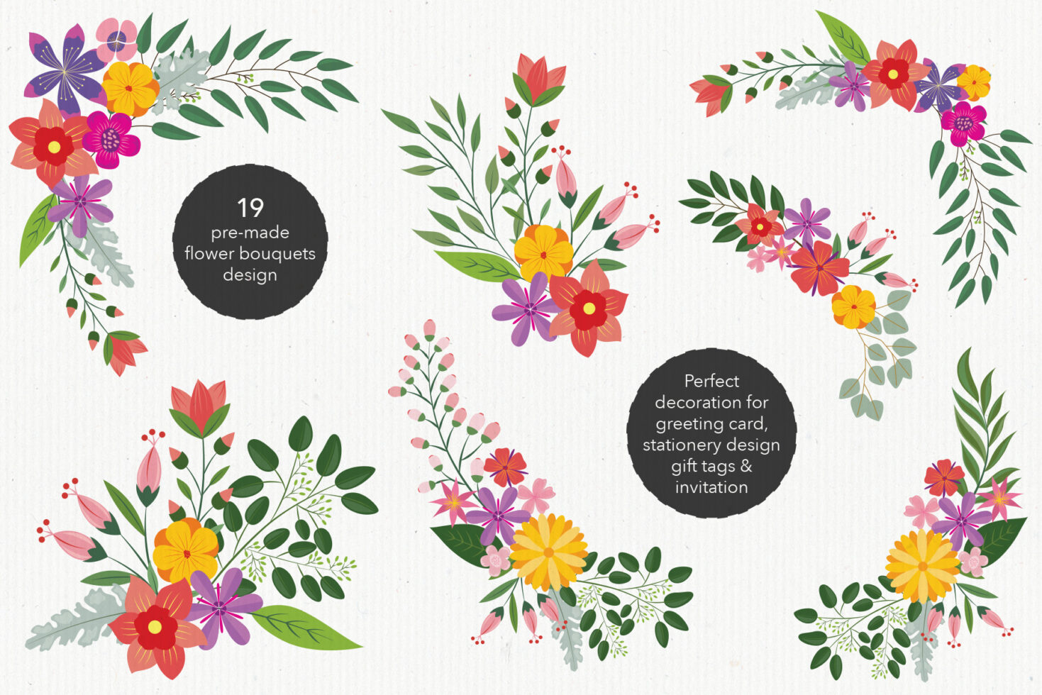 Decorative floral corner arrangements, hanging flower garlands with mixed blooms, 19 pre-made bouquet designs for cards invitations stationery