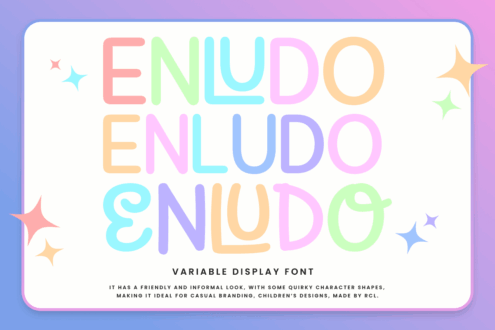 ENLUDO variable display font in pastel rainbow colors with quirky character shapes, playful style