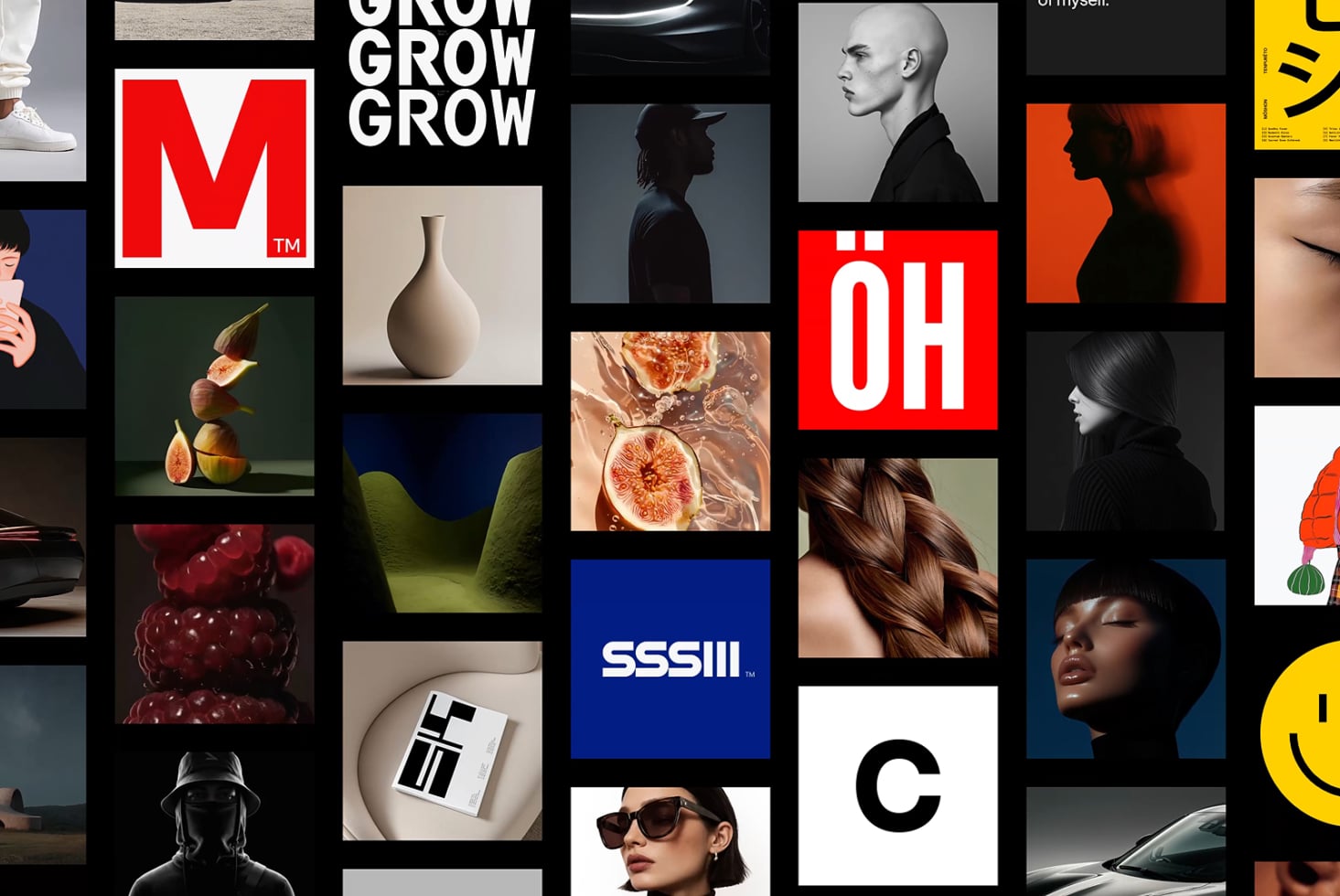 Grid of bold brand logos, portraits, product shots, food photography mixed with typography on dark background