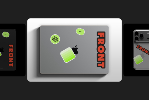 Centered laptop mockup with lime app icon plus editable design space shown