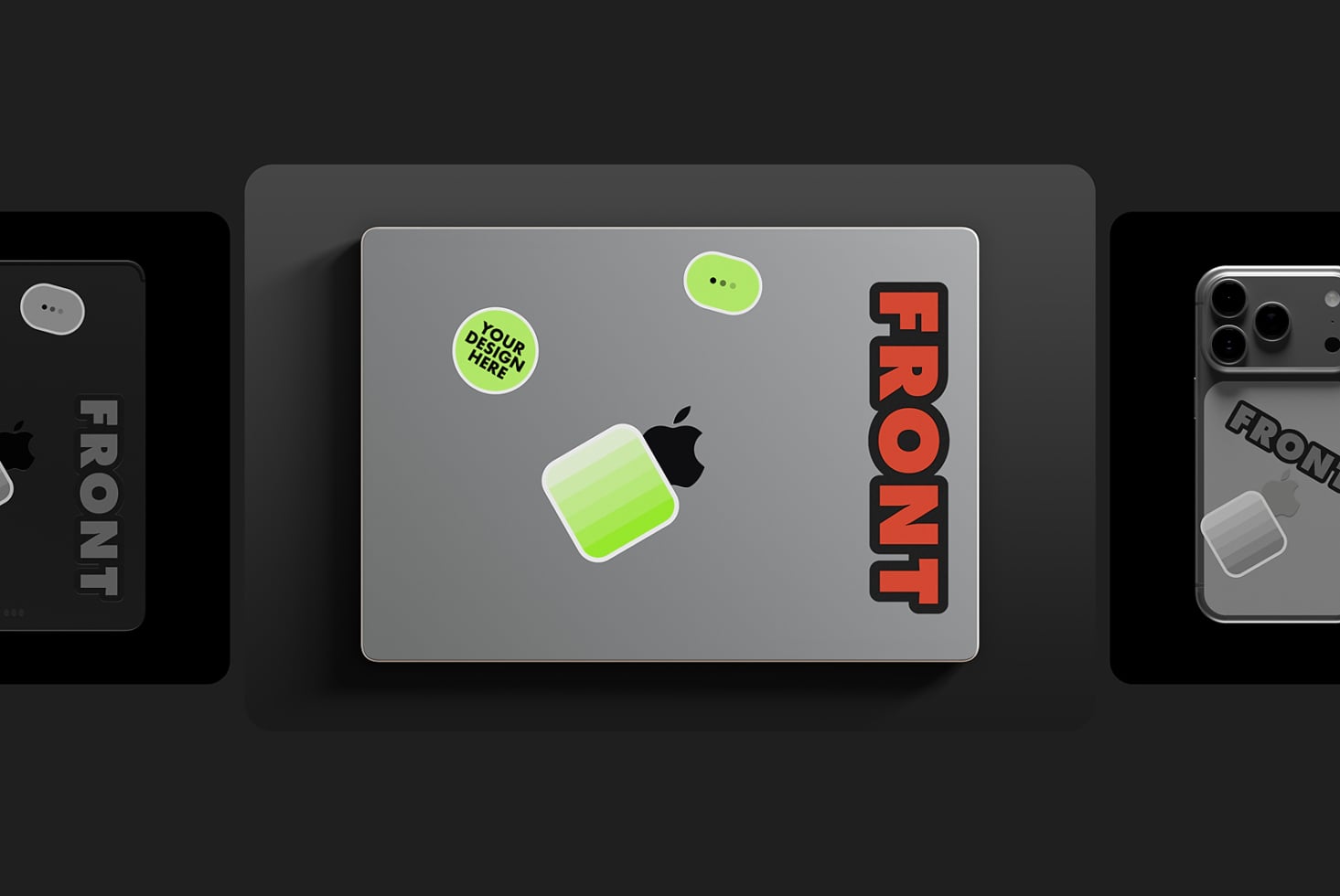 Multiple laptop mockups displaying customizable green elements with red text