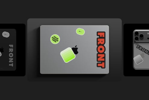 Multiple laptop mockups displaying customizable green elements with red text