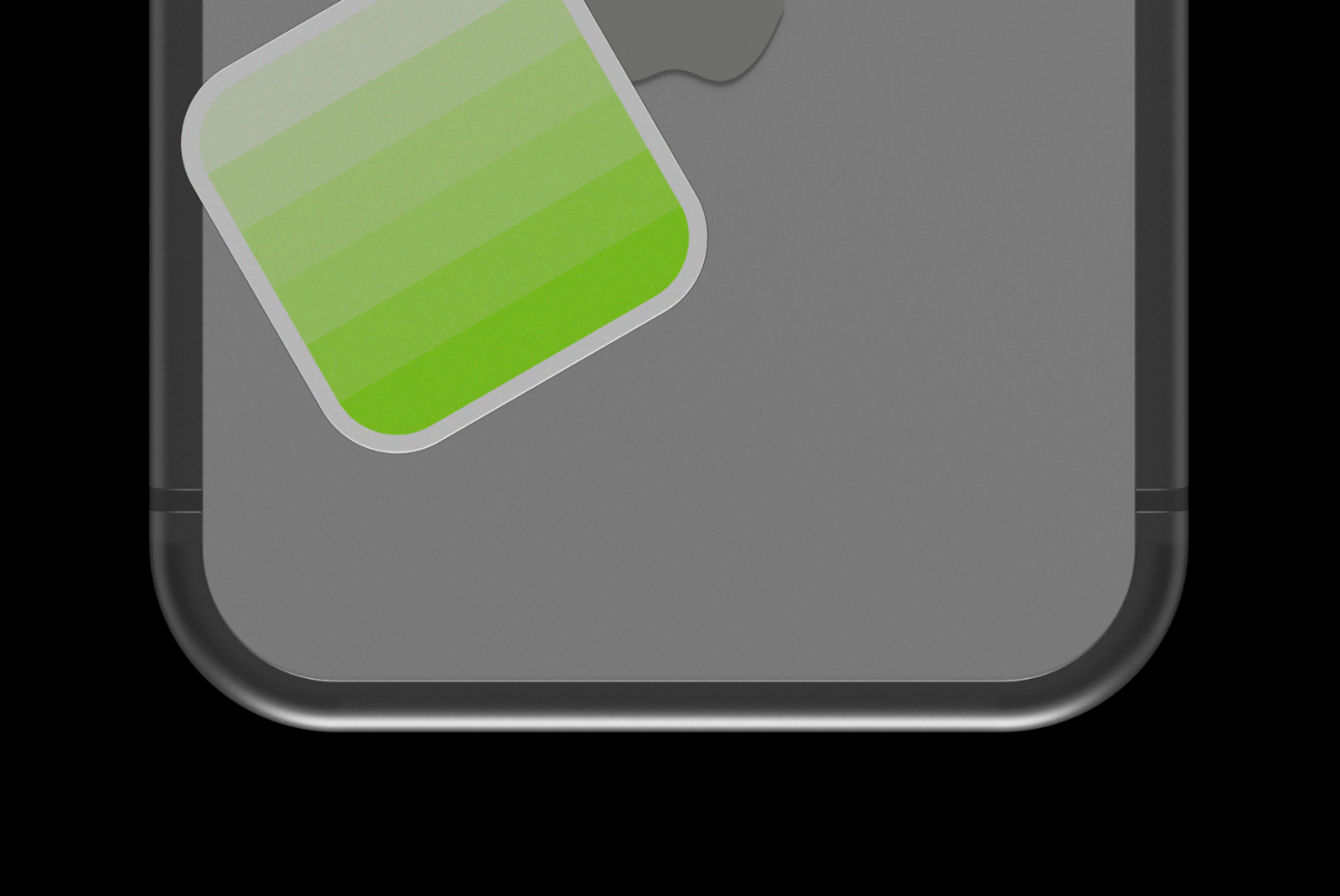 Gray iPhone showing lime green app sticker in upper left corner tilted