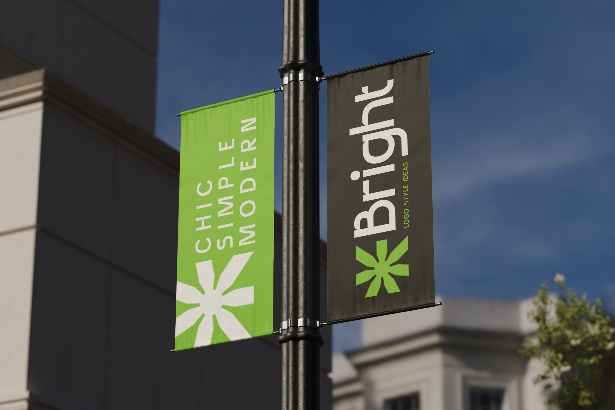 Street banner mockup showcasing modern branding design with bold fonts in green and black. Ideal for graphic designers seeking chic and contemporary templates.