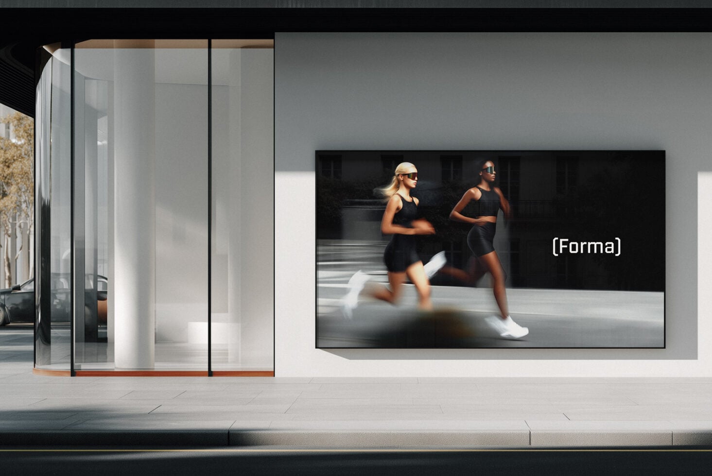 Store interior with mounted screen showing athletes running with Forma logo
