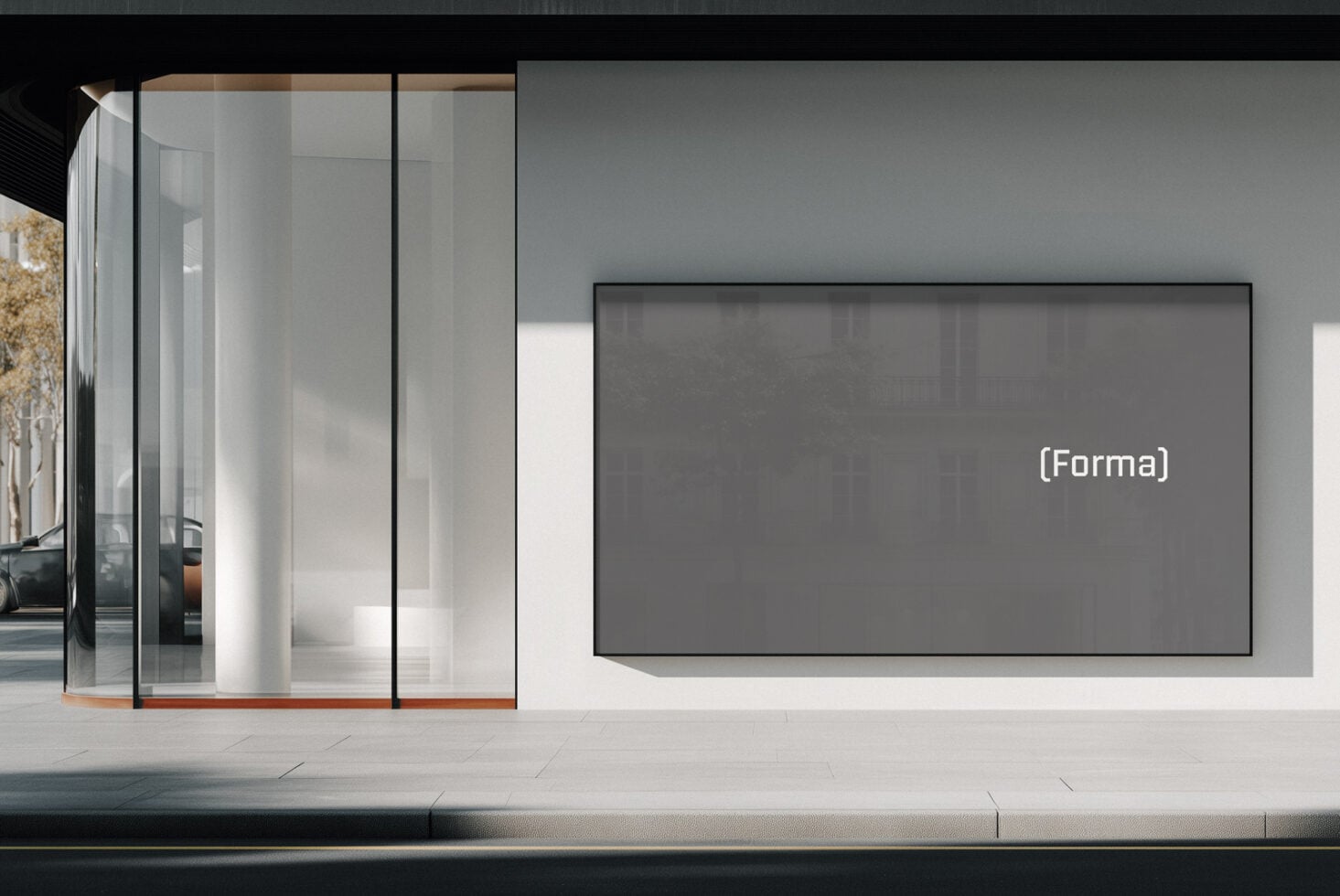 Minimalist retail window with blank screen displaying Forma text