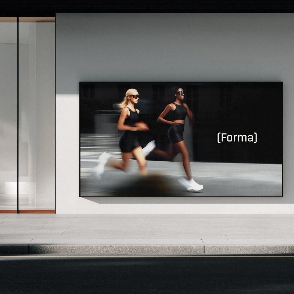 Modern storefront display showing runners on screen with Forma branding