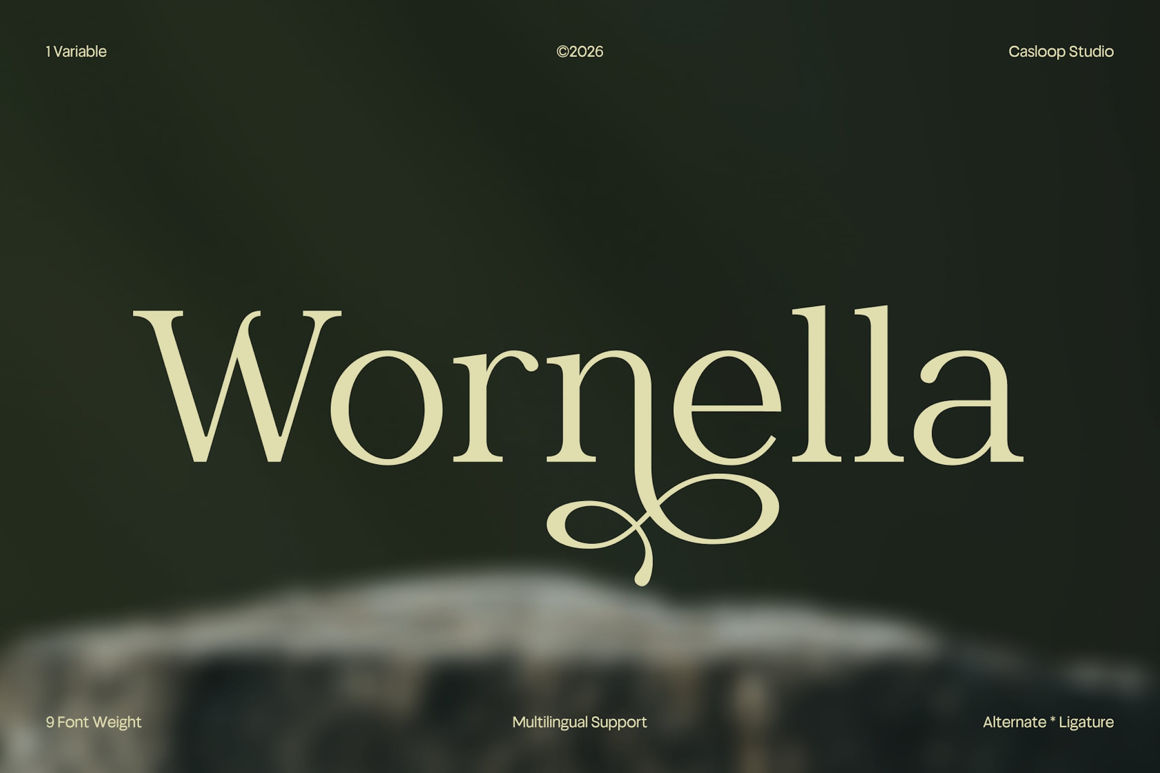 Wornella elegant serif font with decorative swashes on dark green
