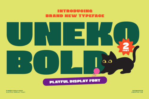 Uneko typeface showcase with playful black cat illustration yellow background