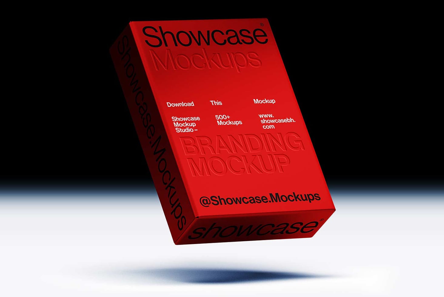 Red box mockup tilted in 3D view showing front surface with branding details