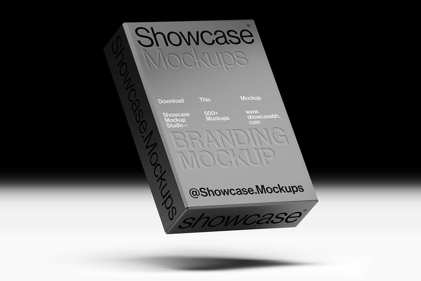 Gray box mockup in 3D perspective showing angled sides with product branding