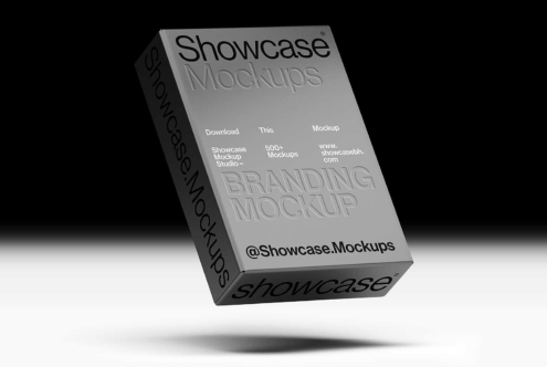 Gray box mockup in 3D perspective showing angled sides with product branding