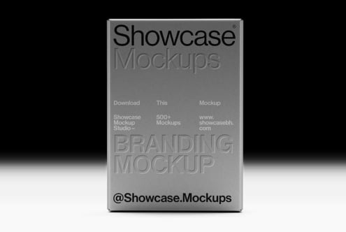Gray hardcover branding mockup flat lay showing front cover with debossed typography