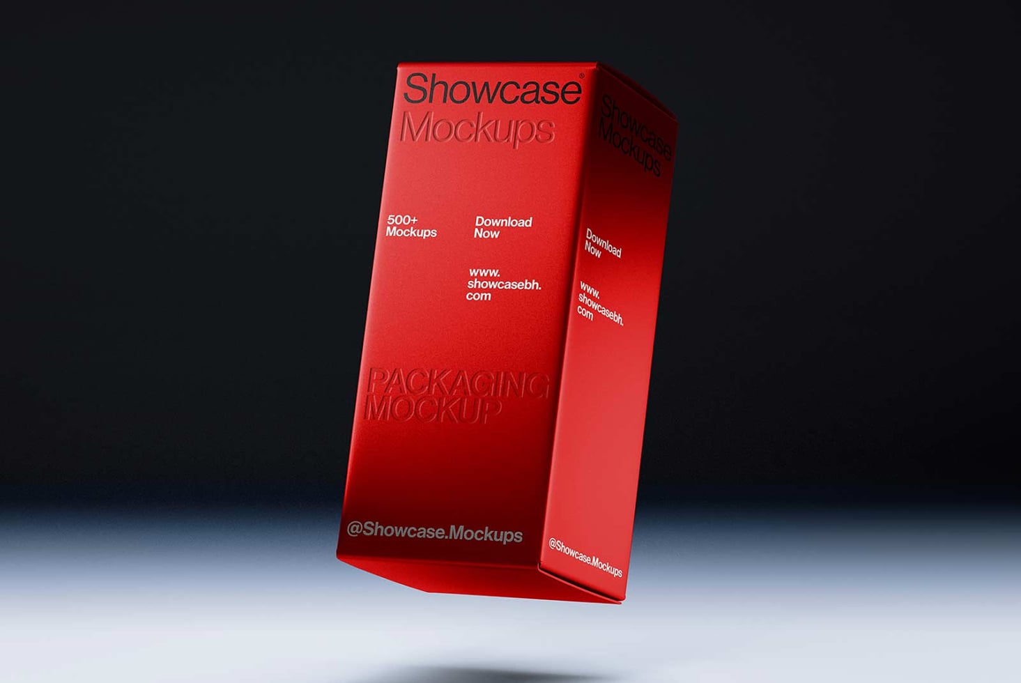 Red box packaging mockup displayed upright showing front cover with embossed lettering