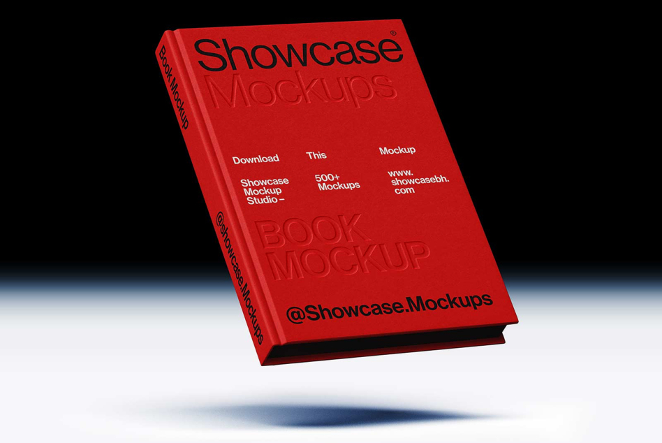 Bright red hardcover book mockup angled to show front cover design with white text overlay