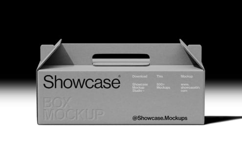Silver cardboard box mockup with carry handles on white surface
