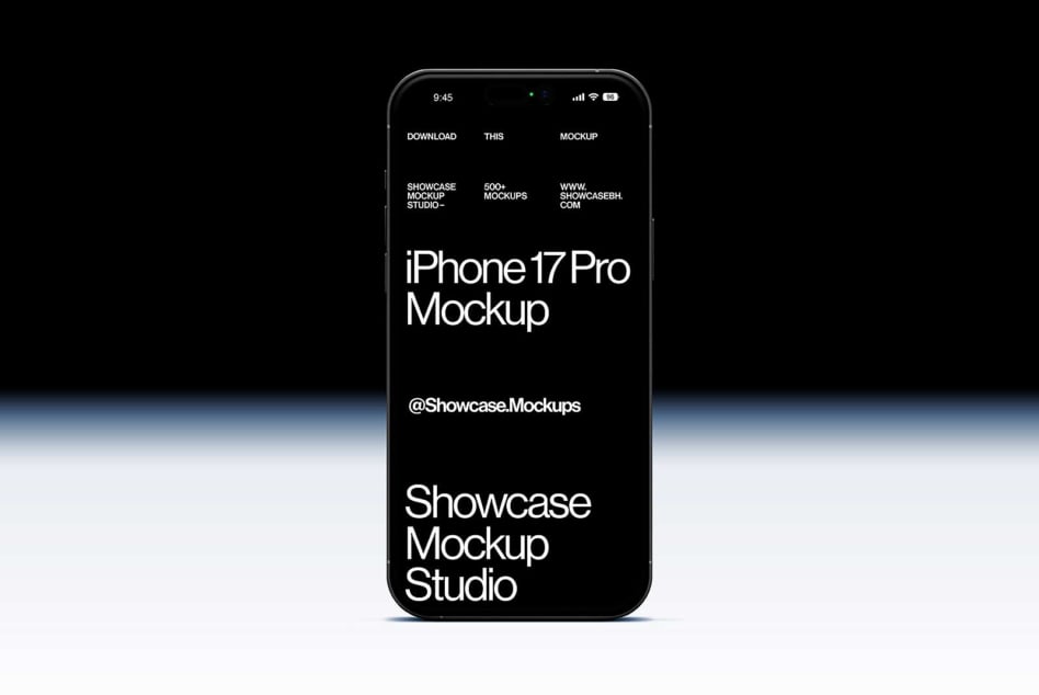 iPhone 17 Pro mockup with dark screen displaying text layout