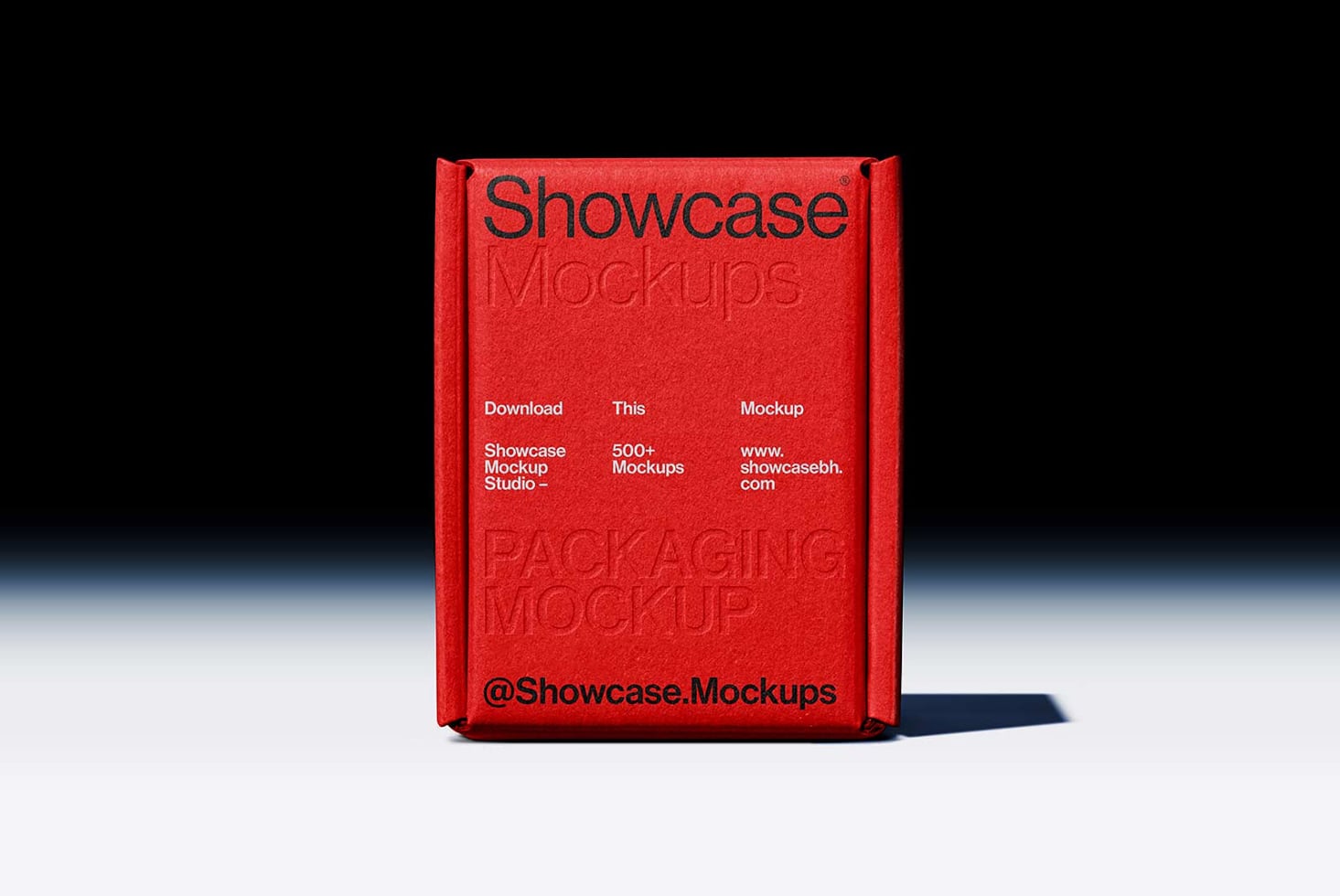 Bright red embossed box mockup with Showcase branding on dark