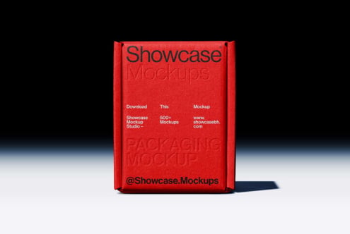 Bright red embossed box mockup with Showcase branding on dark