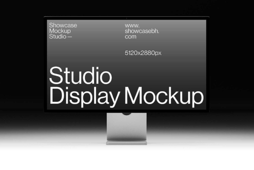 Studio Display Mockup on silver stand with dark gradient background