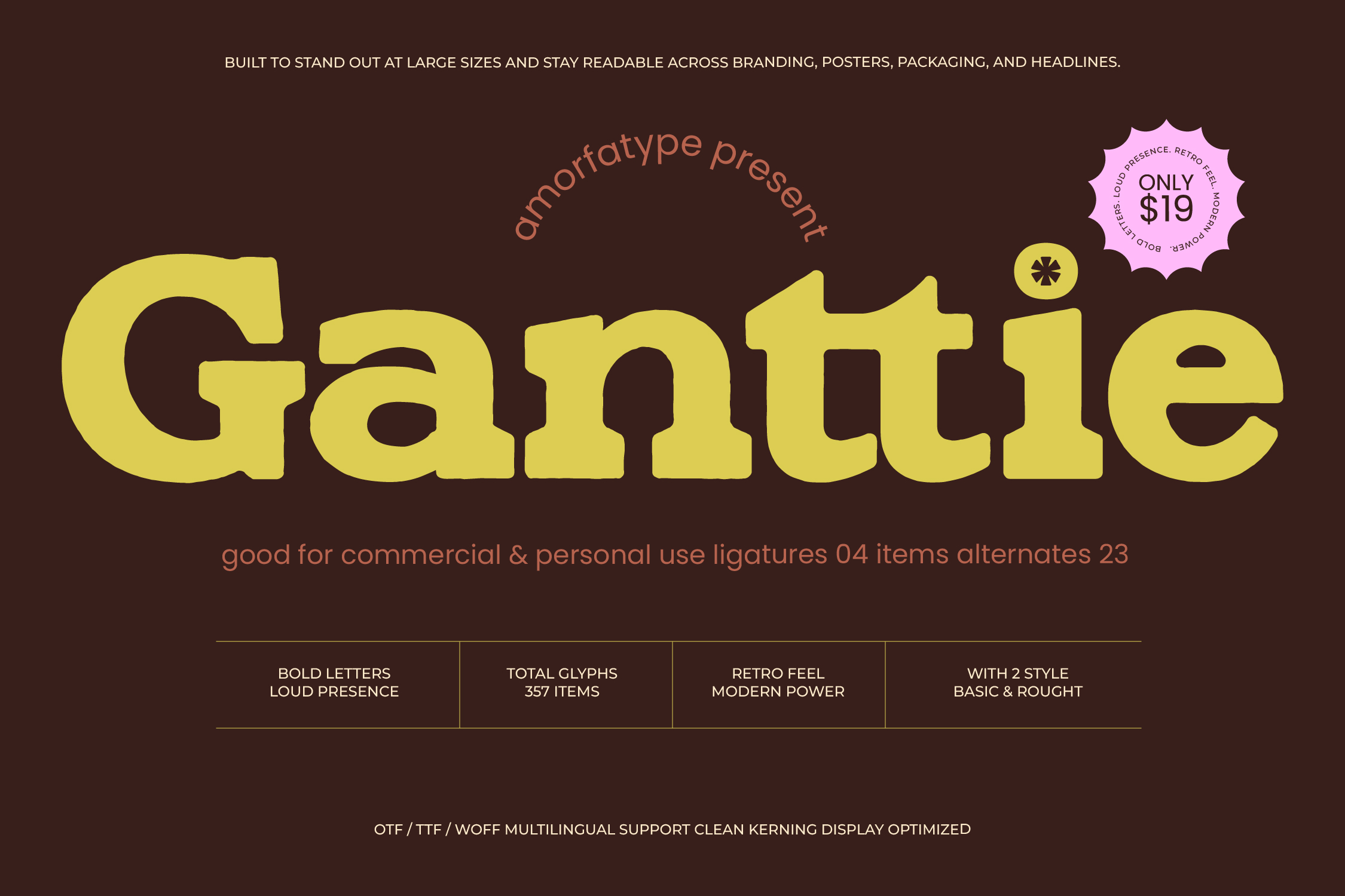 Gantie typeface display in bold yellow letters on dark brown background retro design
