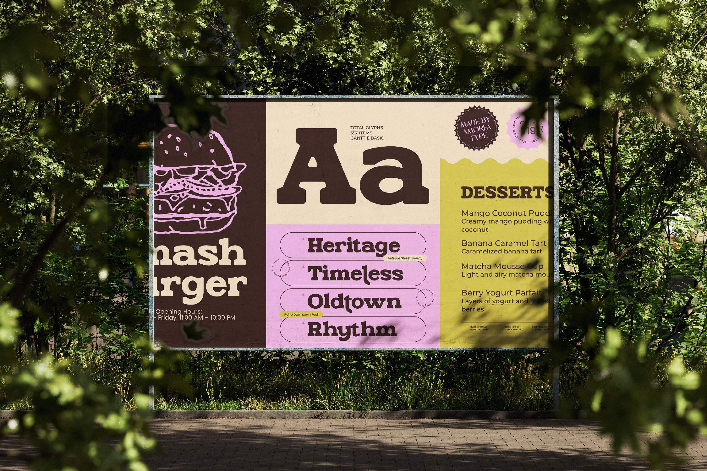 Outdoor billboard with retro branding showing dessert menu items Heritage Timeless Oldtown Rhythm