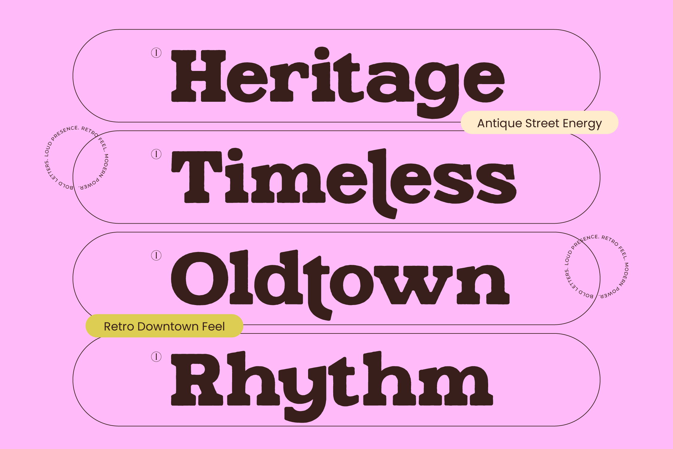Heritage, Timeless, Oldtown, Rhythm display font examples on pink background