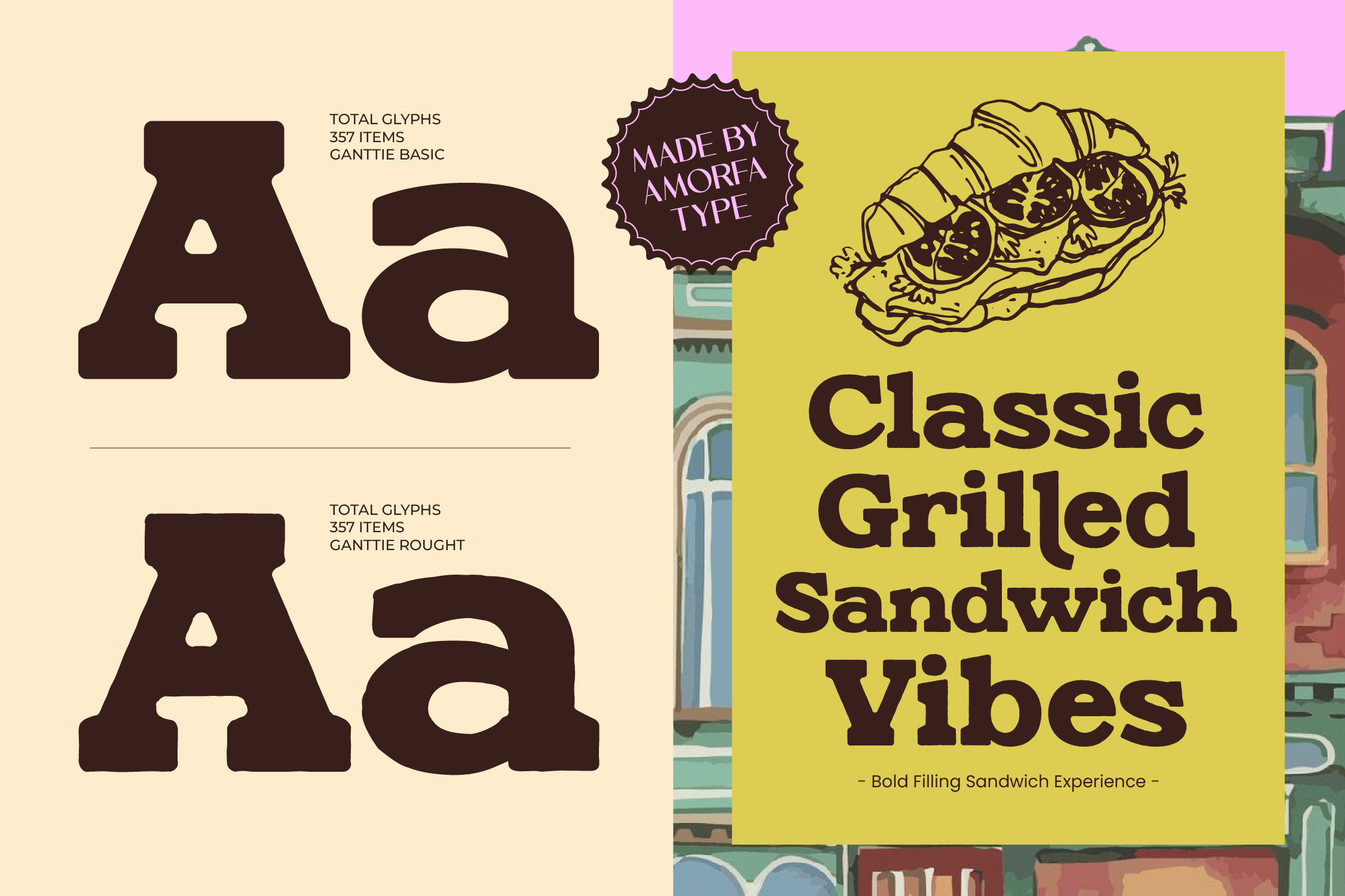 Ganttie typeface in two weights with Classic Grilled Sandwich Vibes branding design