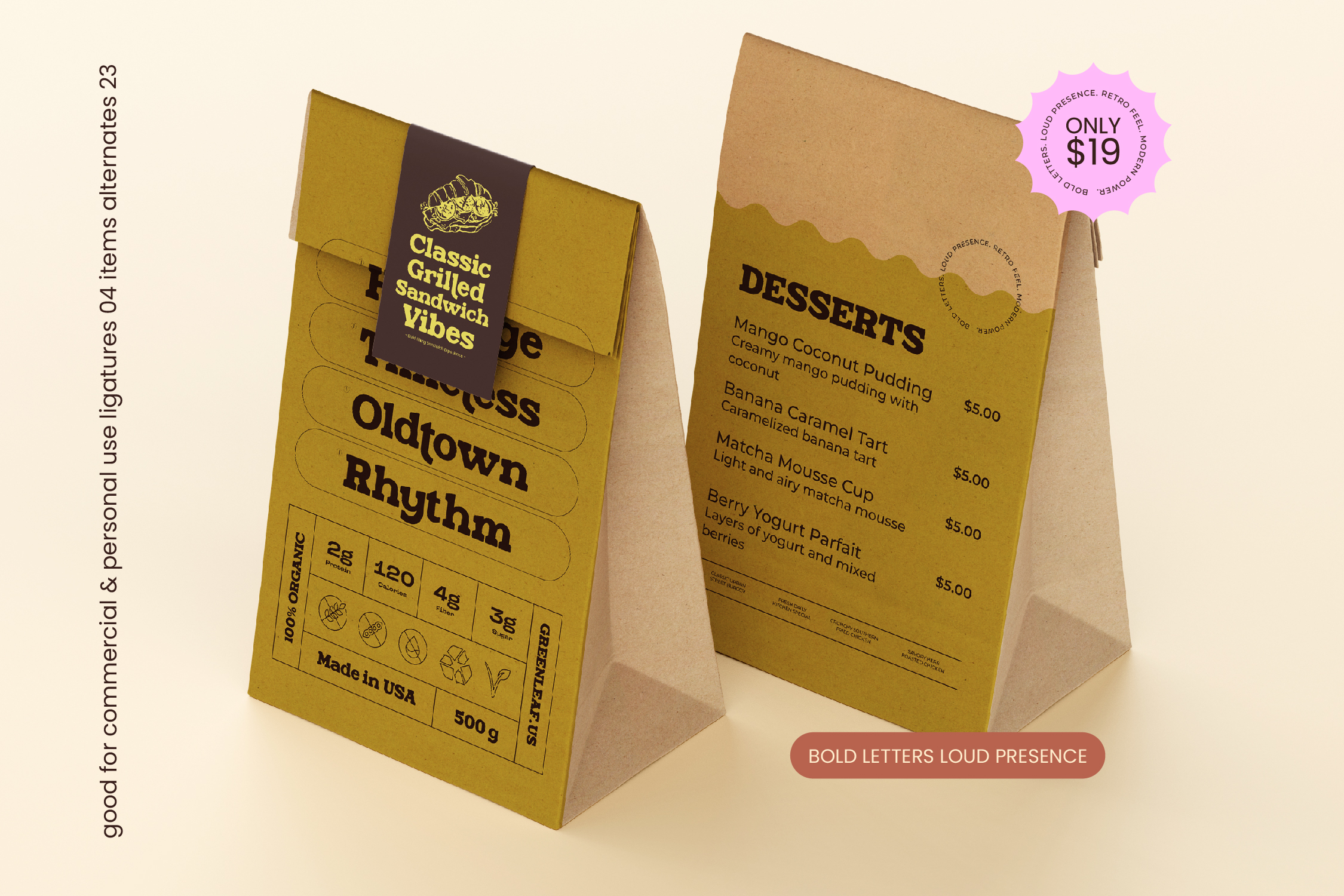 Food packaging mockup kraft bags showing Oldtown Rhythm, grilled sandwich vibes