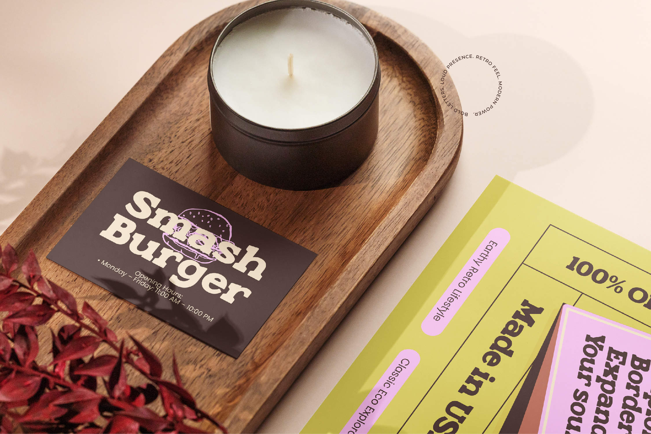 Smash Burger branding on wooden tray with candle, menu, dessert mockup displayed