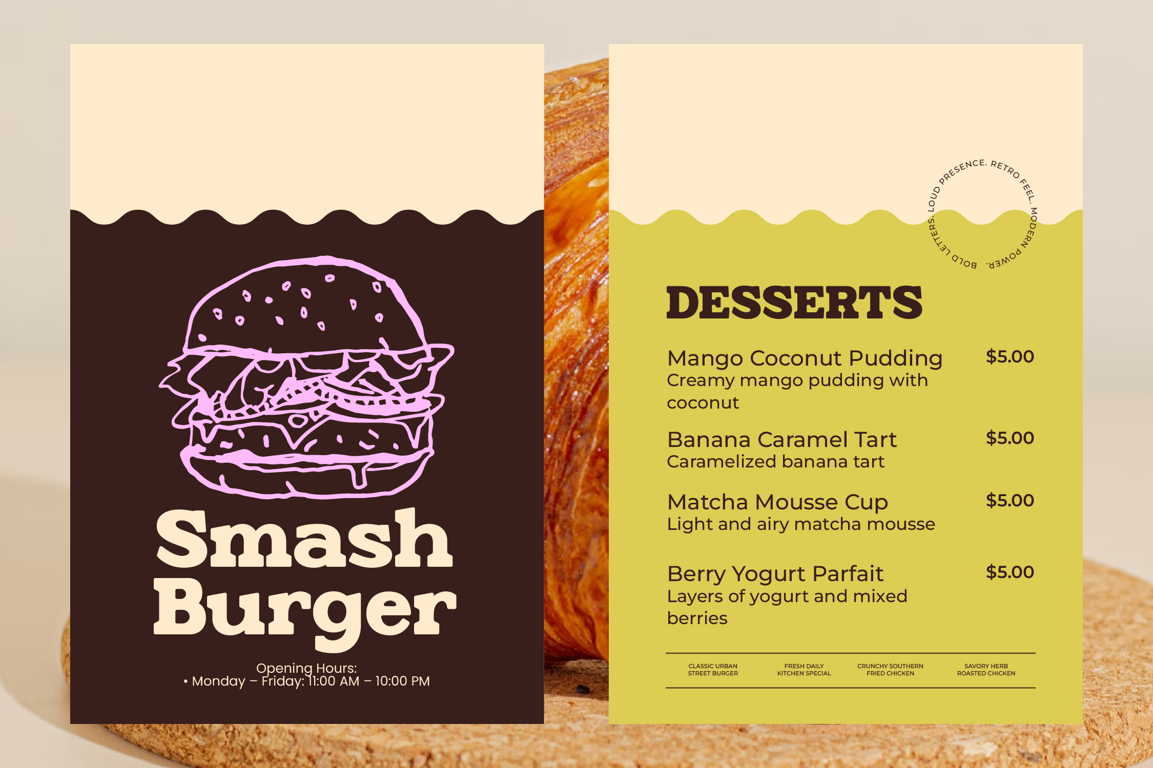 Smash Burger restaurant menu mockup with desserts on yellow panel, retro style
