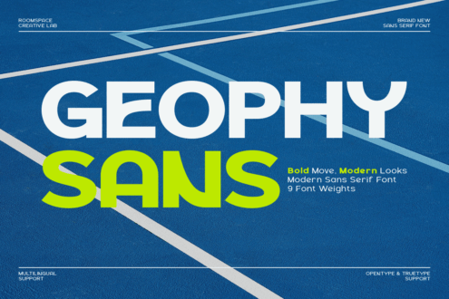 Geophy Sans typeface display showing weights in bright lime on blue