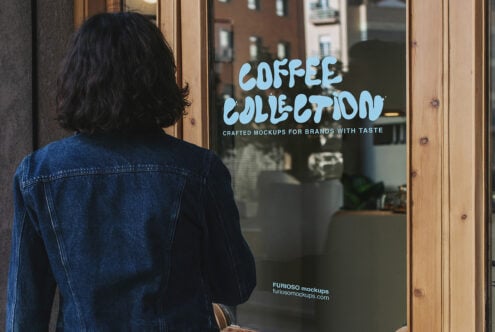 Woman from behind at wooden door with light blue coffee collection window text