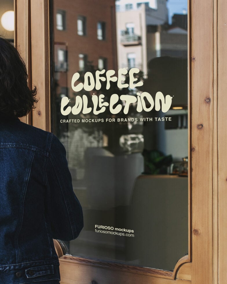 Shop window mockup showing cream text reading Coffee Collection on dark glass with person in denim jacket