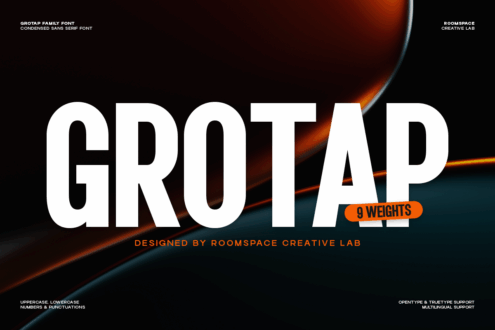 Grotap font with 9 weights displayed over dark orange glowing abstract background